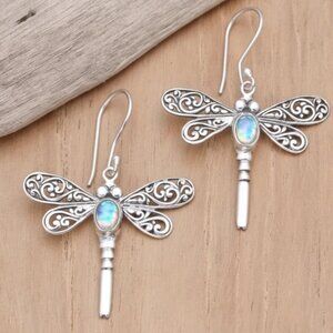 Dragonfly Earrings w/a Rainbow Moonstone from Bali 'Harmony Prophecy' Bohemian